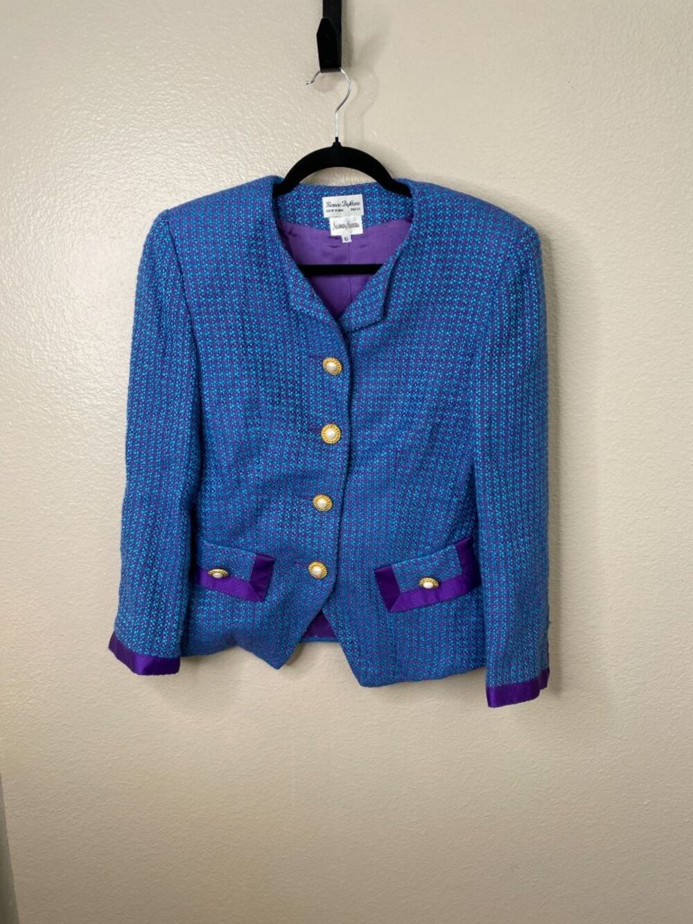 Renée Du Marr For Neiman Marcus Womens Blazer 6 Tweed Purple/Blue Rayon Vintage